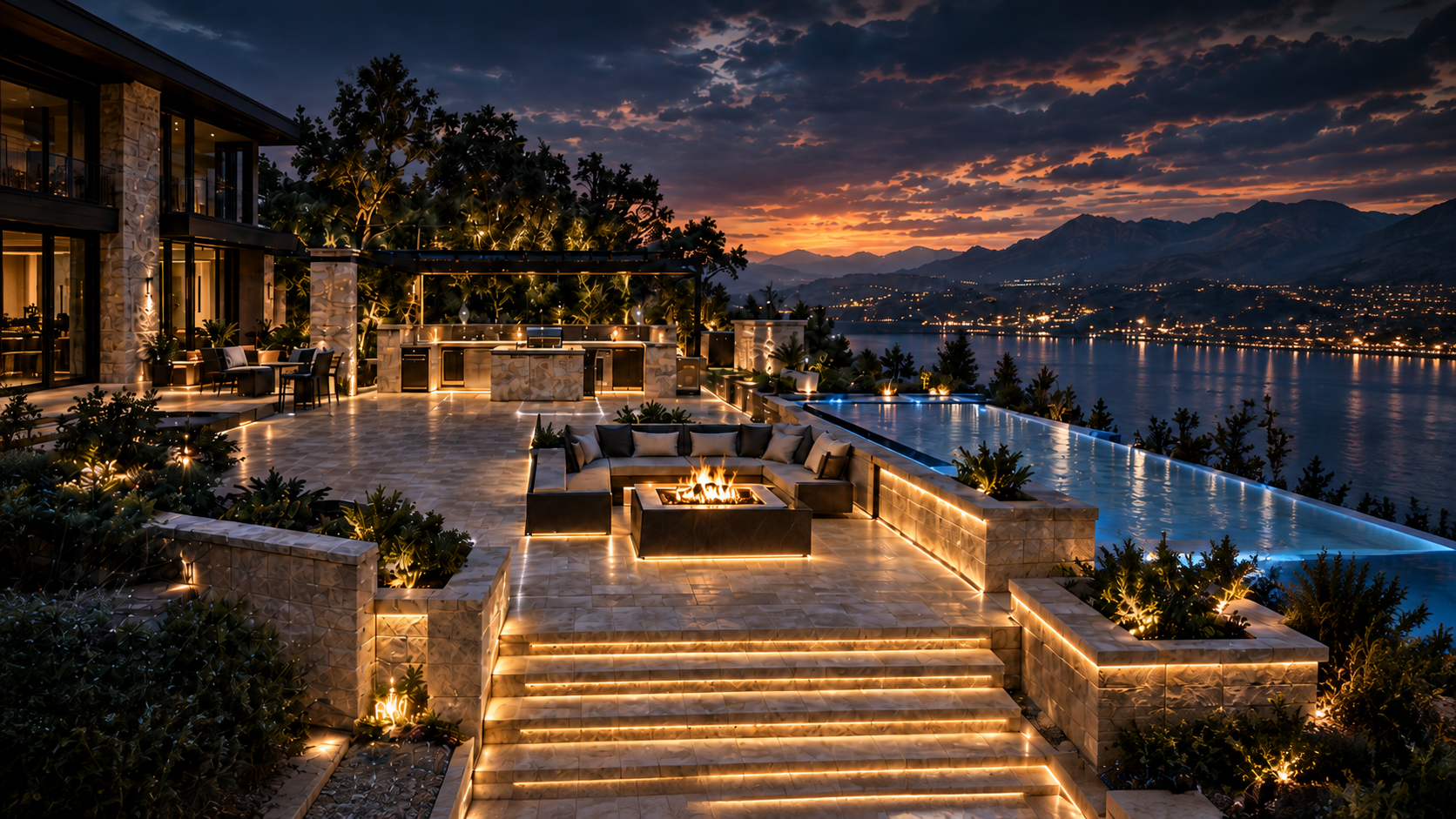 Design inspiration: sunset stone terrace with outdoor kitchen, fire feature and pool. Not a completed Crownforge project or live 3D scan.